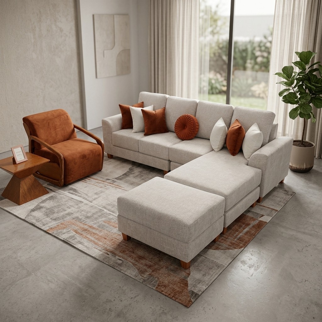 Juego de Sala Seccional Beige con Butaca y Otomán