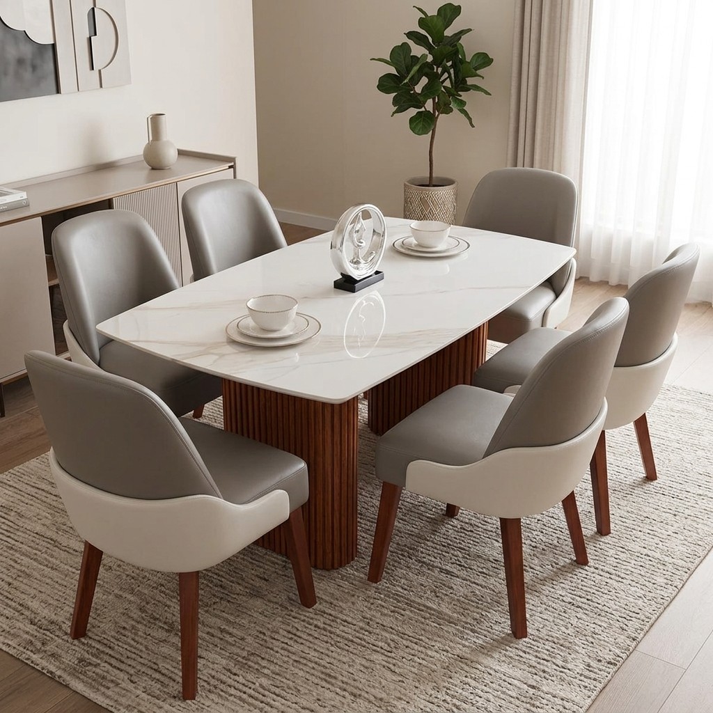 Juego de Comedor 6 Sillas en Piedra Sinterizada y Madera