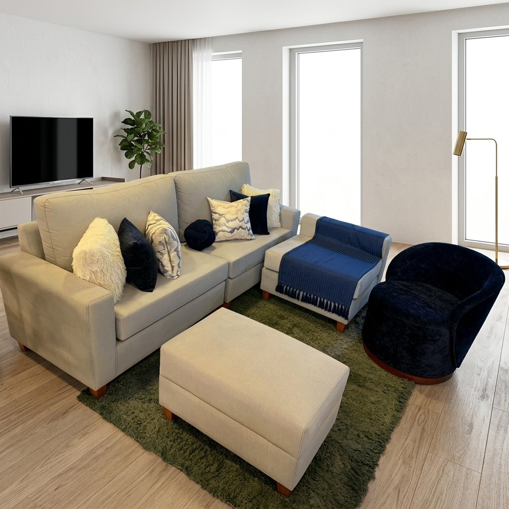 Juego de Sala Seccional Beige con Butaca Giratoria Azul