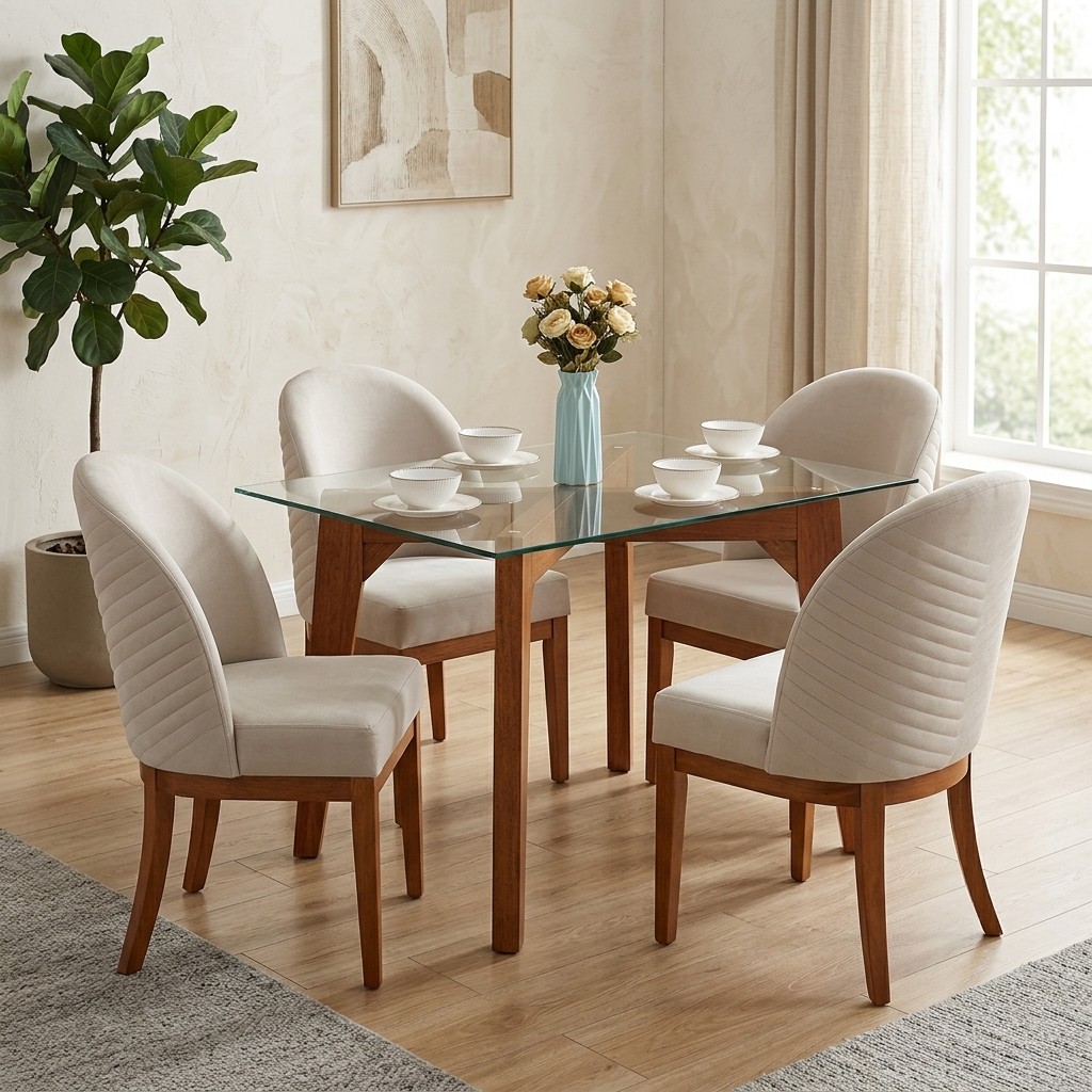 Juego de Comedor 4 Sillas Mesa de Vidrio y Madera