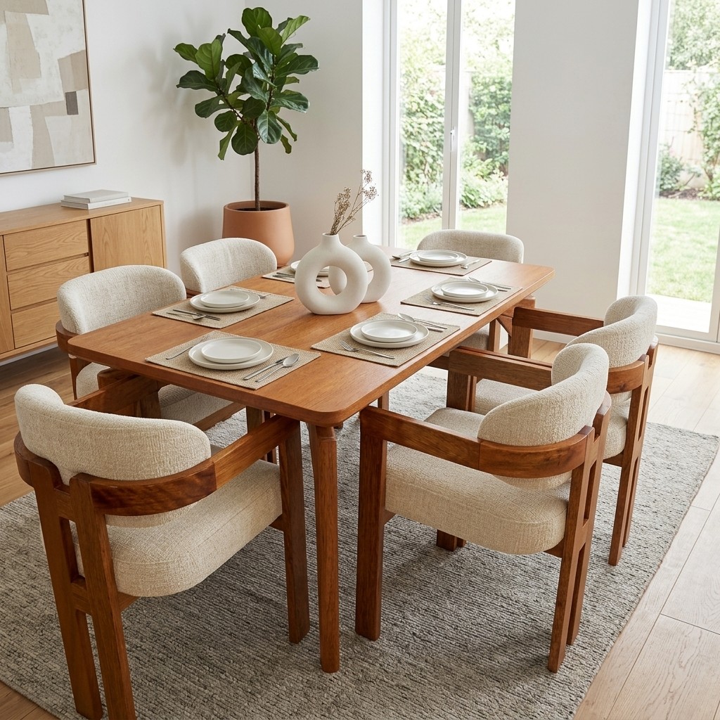Juego de Comedor 6 Sillas en Madera y Tapiz Beige