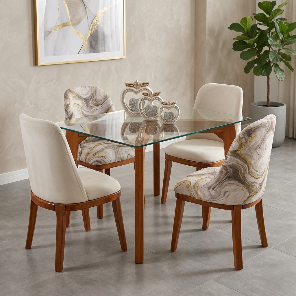 Juego de Comedor 4 Sillas Vintage con Zócalo y Vidrio