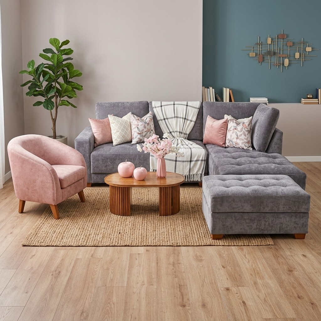 Juego de Sala Seccional Gris con Butaca Rosa y Otomán