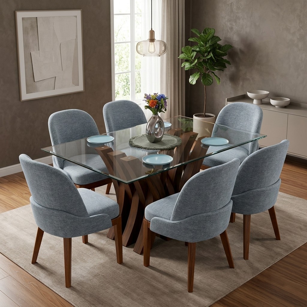 Juego de Comedor Base W de 6 Sillas en Vidrio y Madera