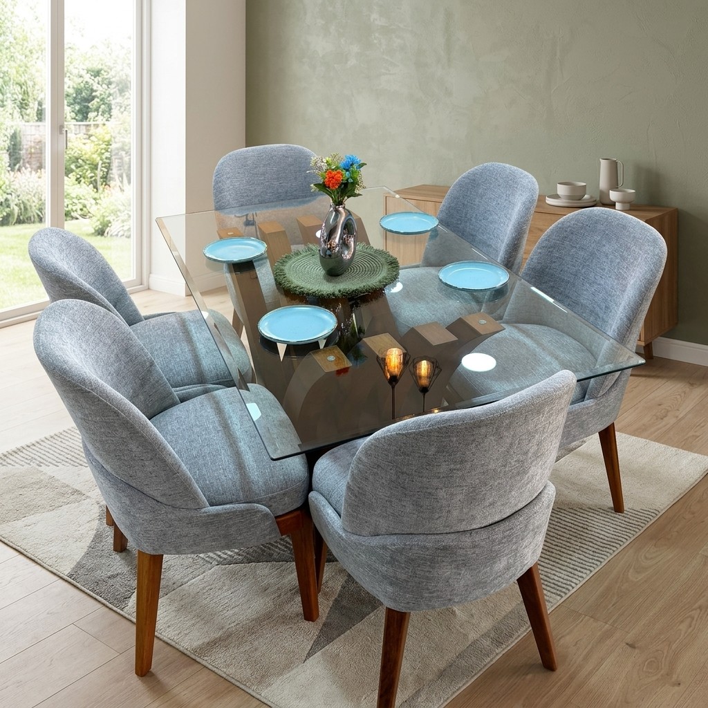 Juego de Comedor Base W de 6 Sillas en Vidrio y Madera