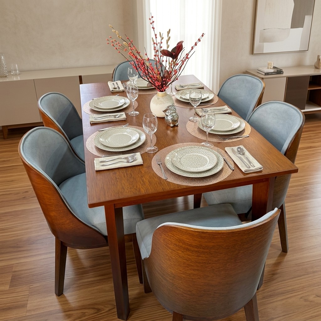 Juego de Comedor 6 Sillas Madera y Tapiz Celeste Gris