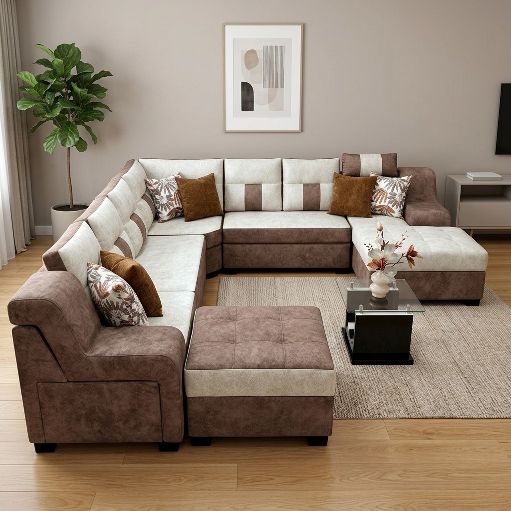 Seccional Modular en L Cama con Otomán Marrón y Beige