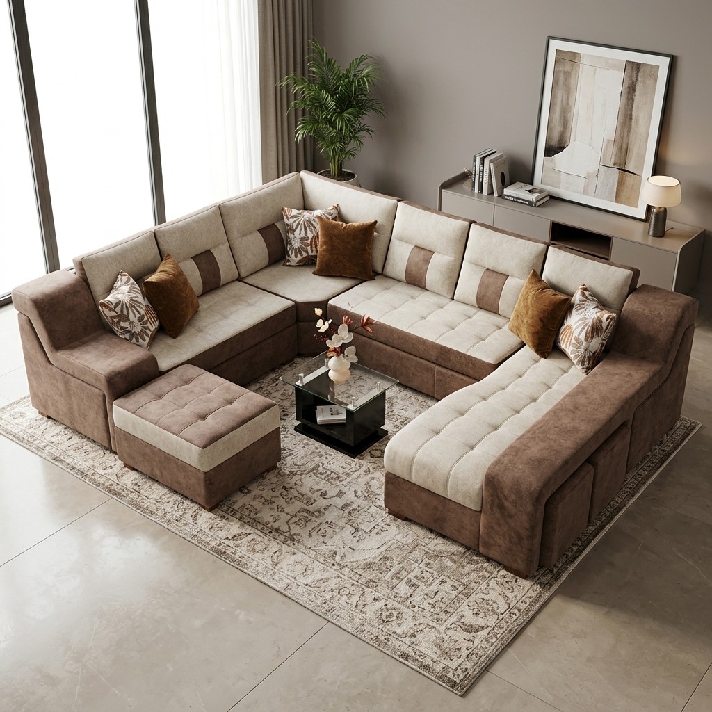 Seccional Modular en L Cama con Otomán Marrón y Beige