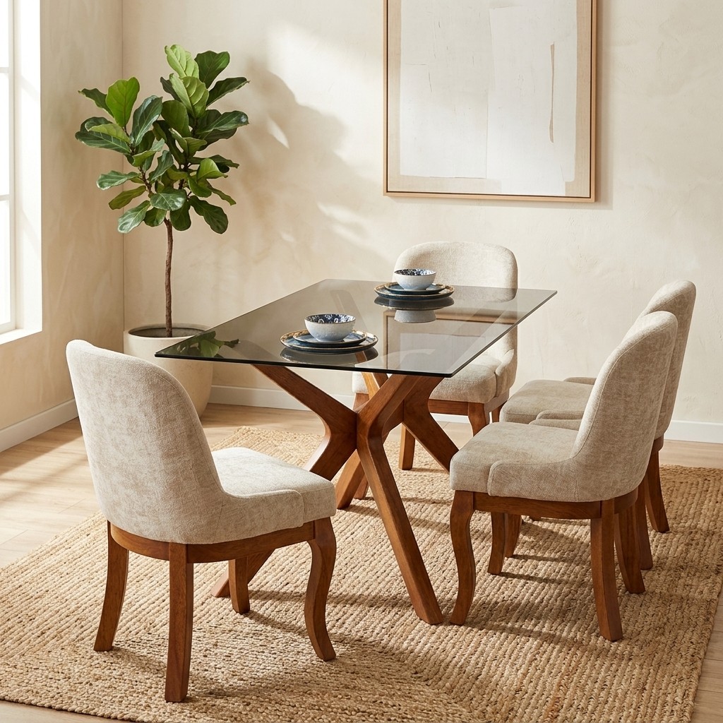 Juego de Comedor 4 Sillas con Mesa de Vidrio y Madera