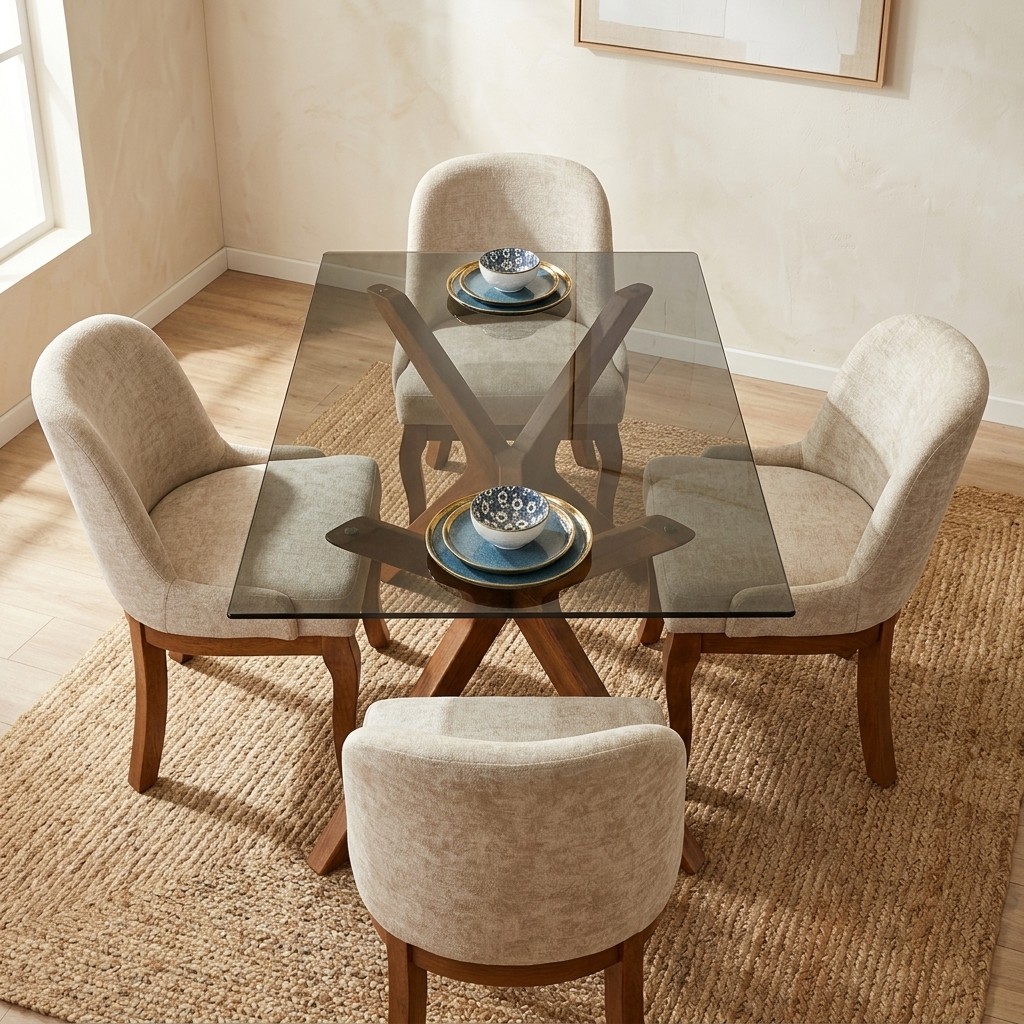 Juego de Comedor 4 Sillas con Mesa de Vidrio y Madera