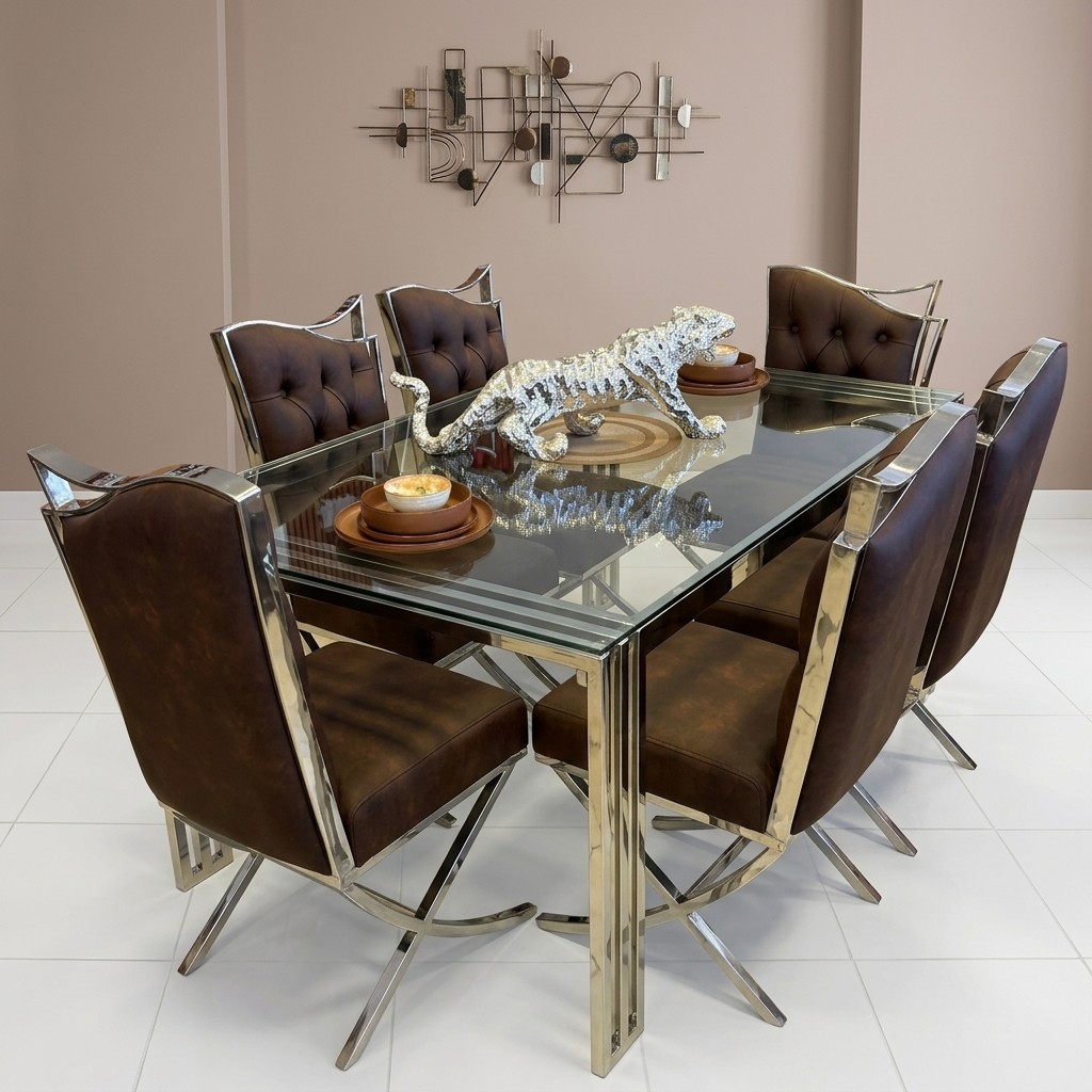 Juego de Comedor 6 Sillas Acero Cromado y Vidrio