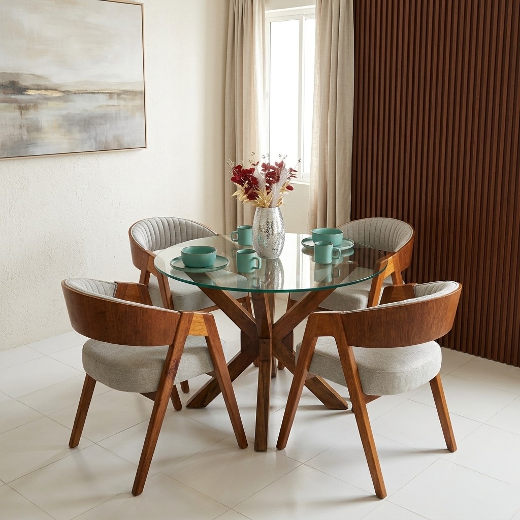 Juego de Comedor Redondo 4 Sillas de Madera y Vidrio