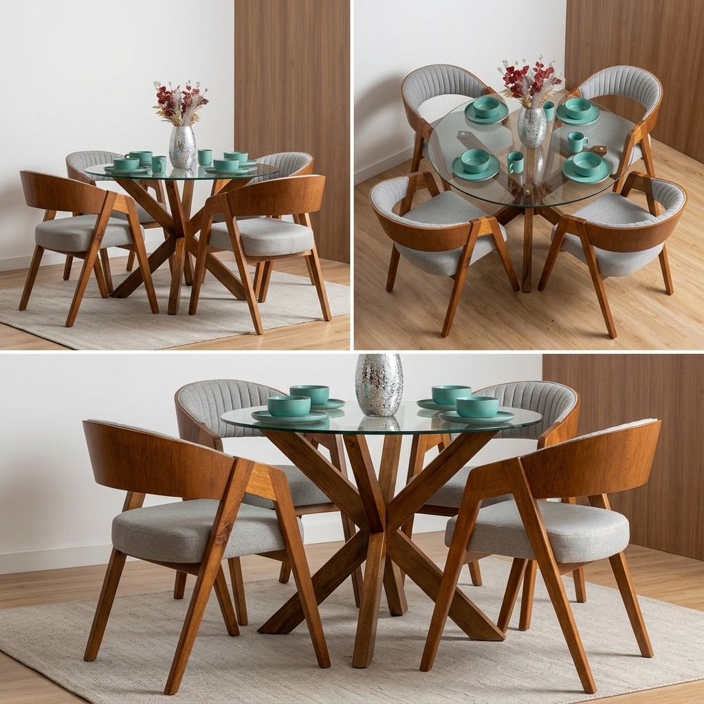 Juego de Comedor Redondo 4 Sillas de Madera y Vidrio