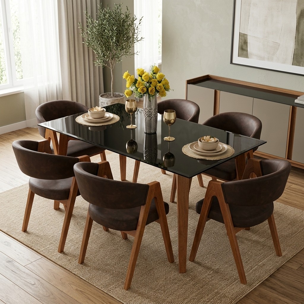 Juego de Comedor 6 Sillas en Cuero y Mesa de Vidrio
