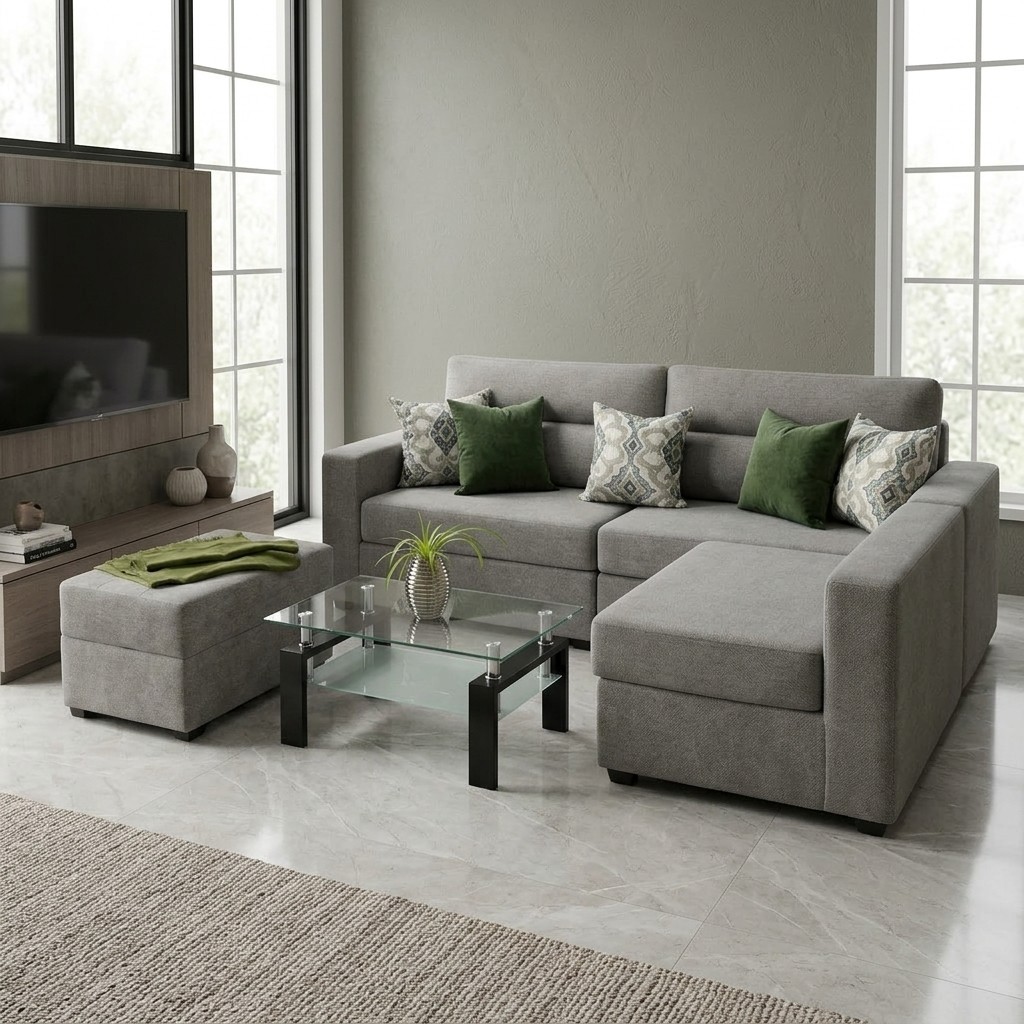 Juego de Sala Seccional Moderno Gris con Otomán