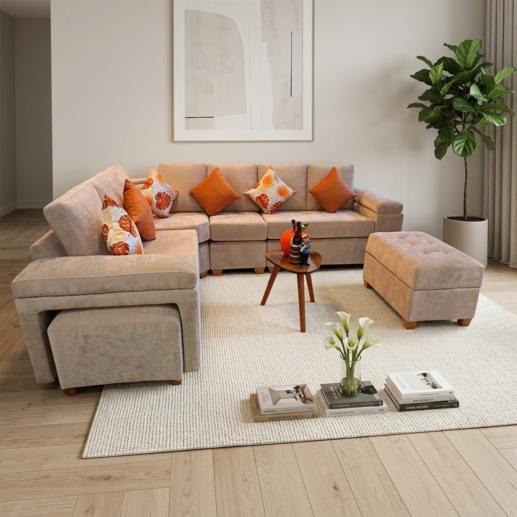 Juego de Sala Seccional en L con Banqueta y Pouf Beige