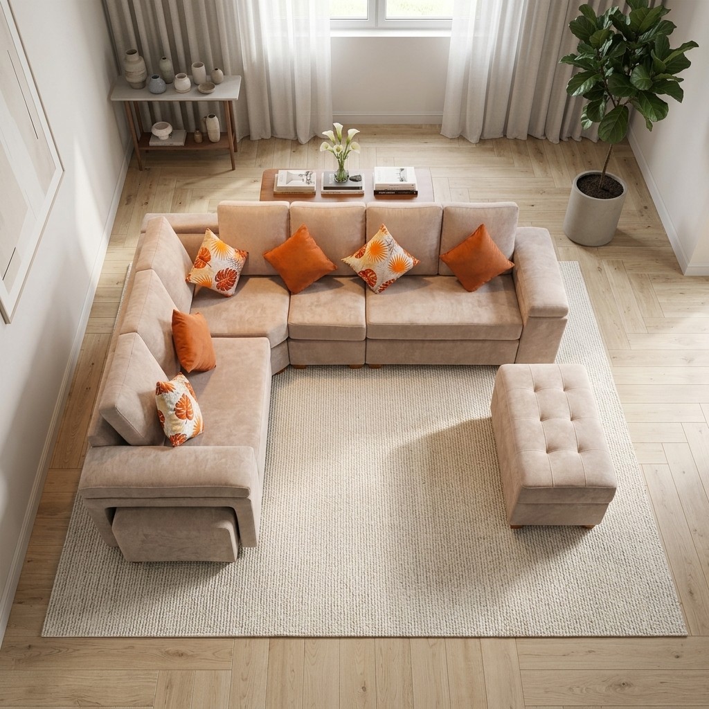 Juego de Sala Seccional en L con Banqueta y Pouf Beige