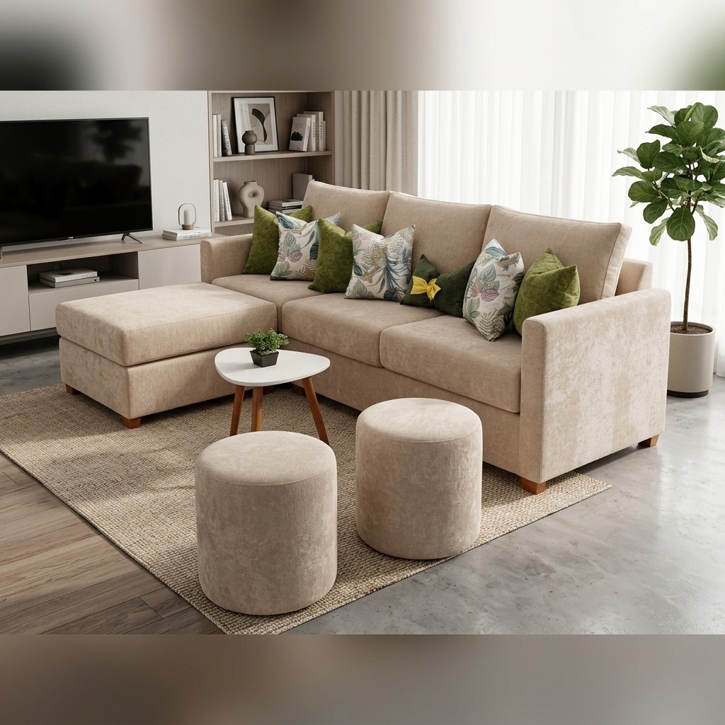 Juego de Sala Seccional Moderno Beige con Puffs