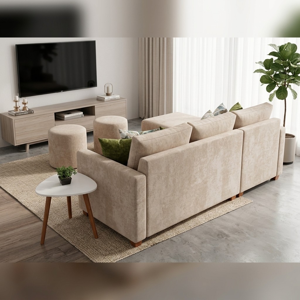 Juego de Sala Seccional Moderno Beige con Puffs