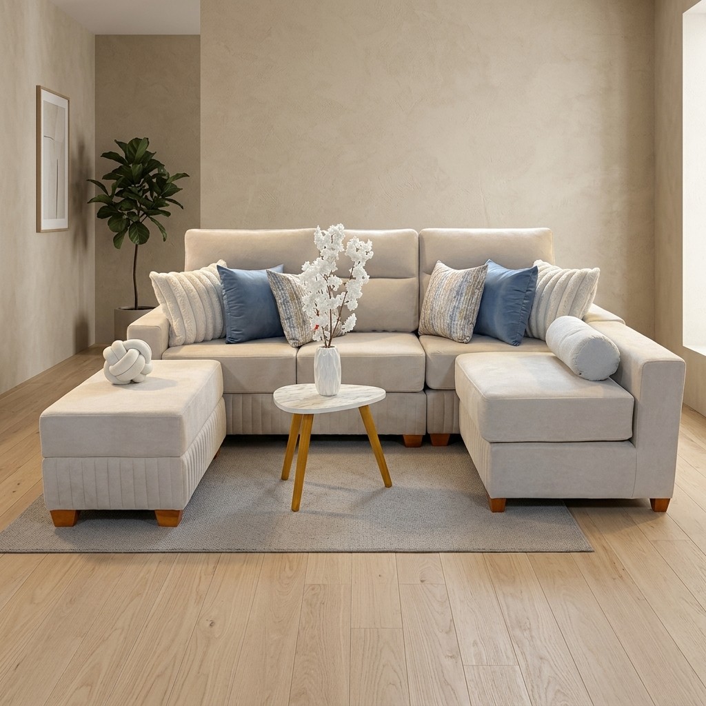 Sala Seccional Moderna con Chaise y Otomán Beige