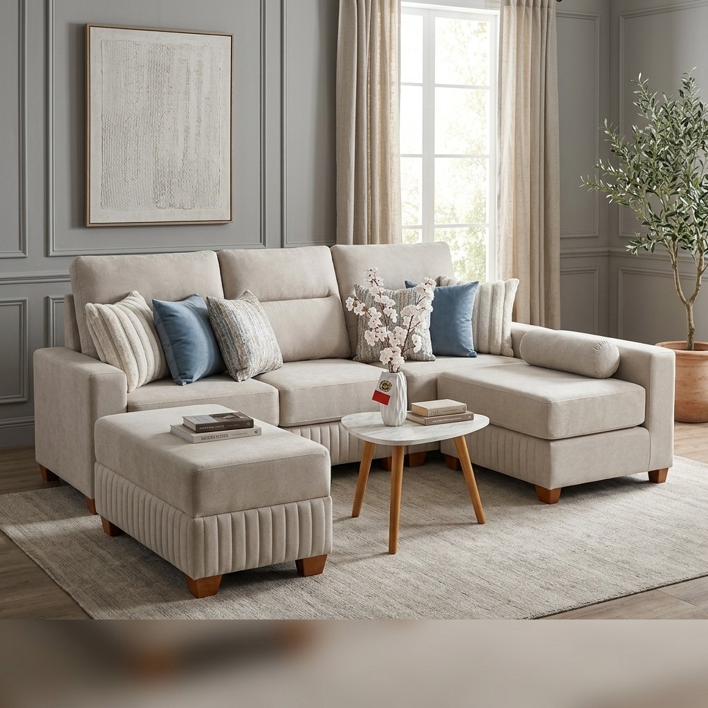 Sala Seccional Moderna con Chaise y Otomán Beige