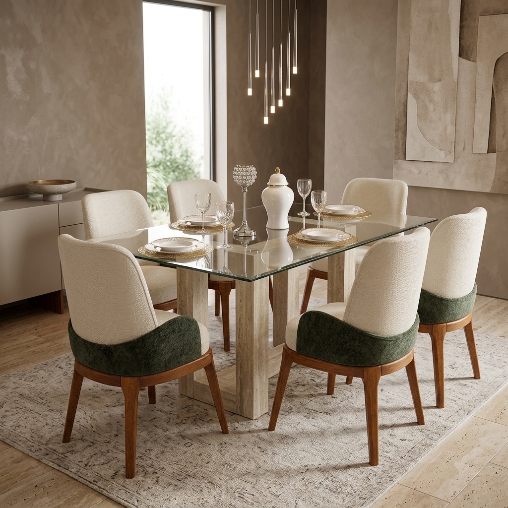 Juego de Comedor 6 Sillas Mármol y Vidrio Dual