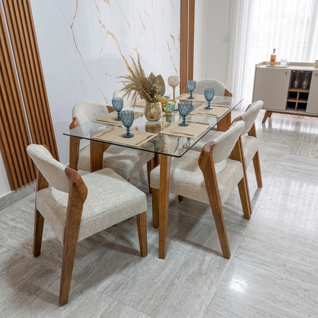 Juego De Comedor 6 Sillas Madera Y Vidrio Pulido