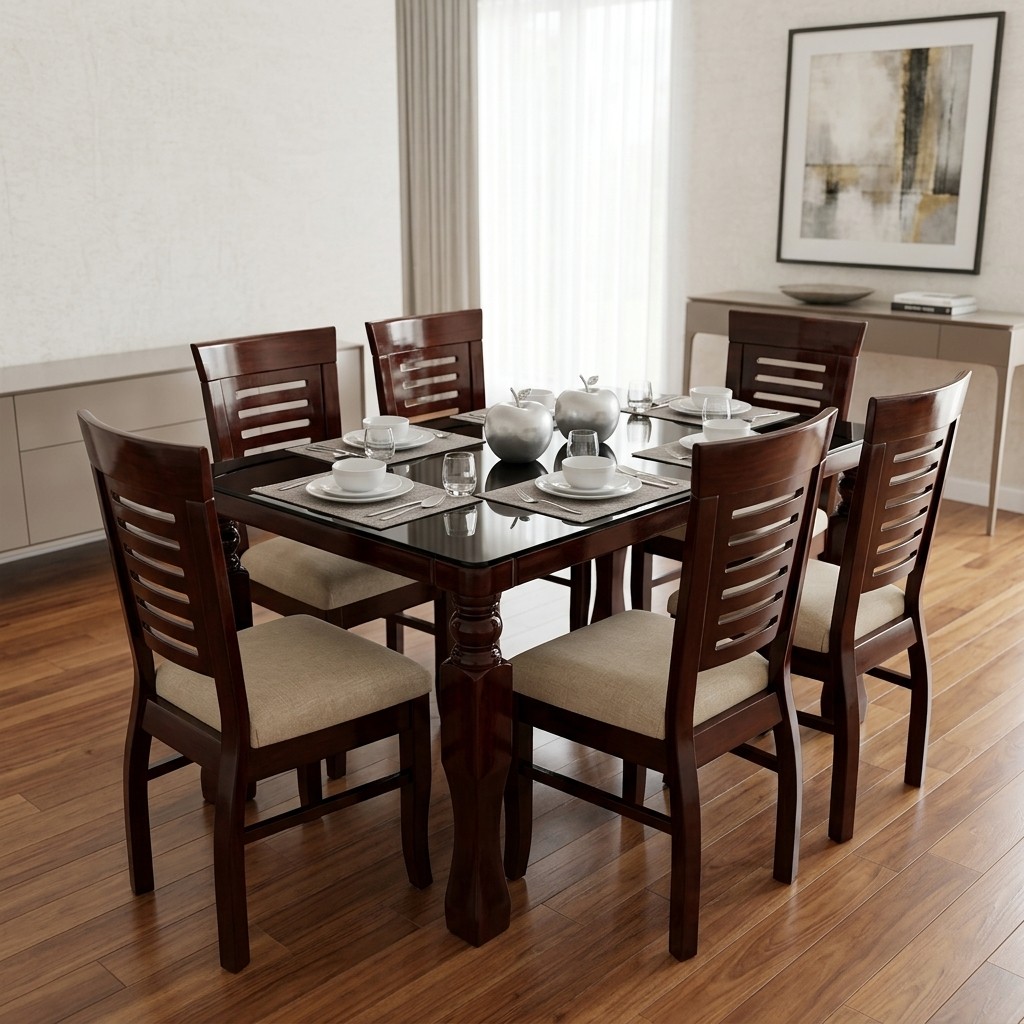 Juego de Comedor 6 Sillas Nogal con Tapiz Beige