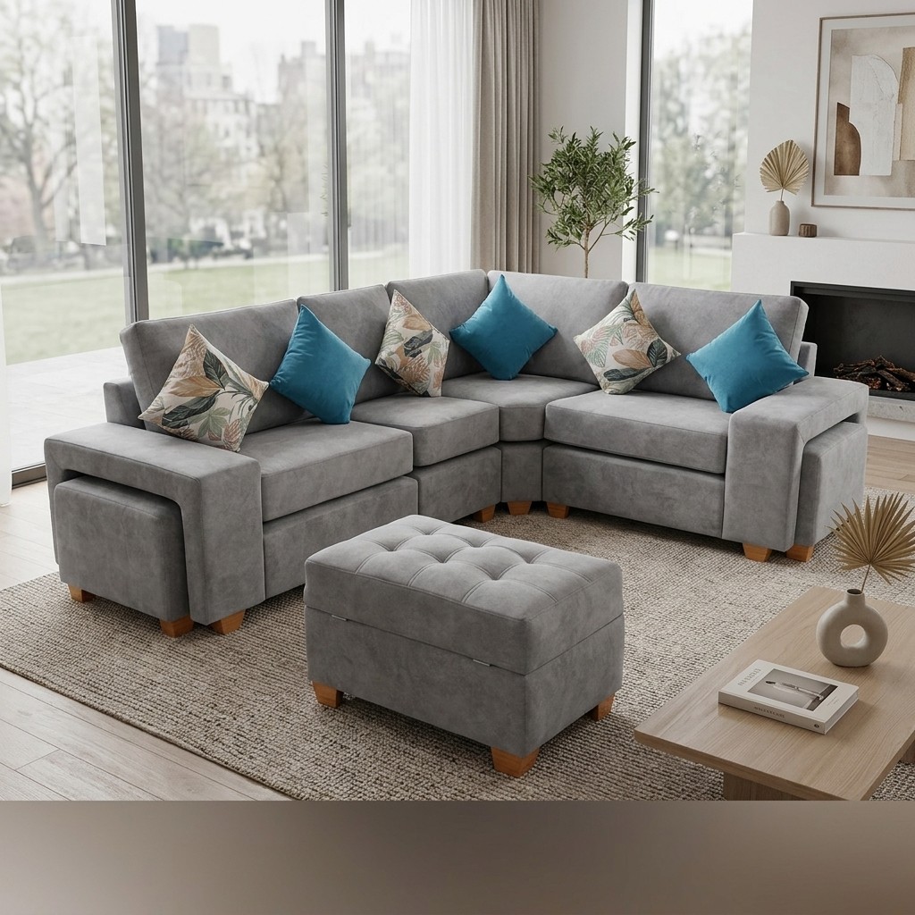 Juego de Sala Seccional Gris con Pouf Otomana