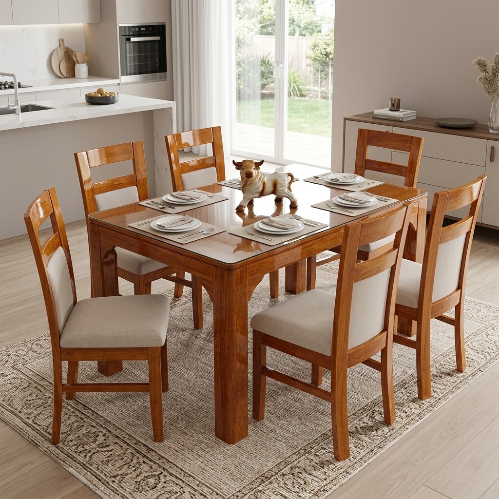 Juego de Comedor 6 Sillas Madera Maciza y Tapiz Beige