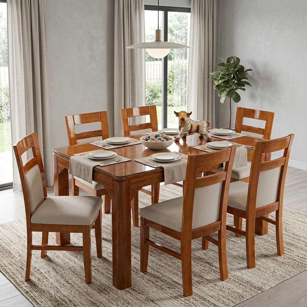 Juego de Comedor 6 Sillas Madera Maciza y Tapiz Beige
