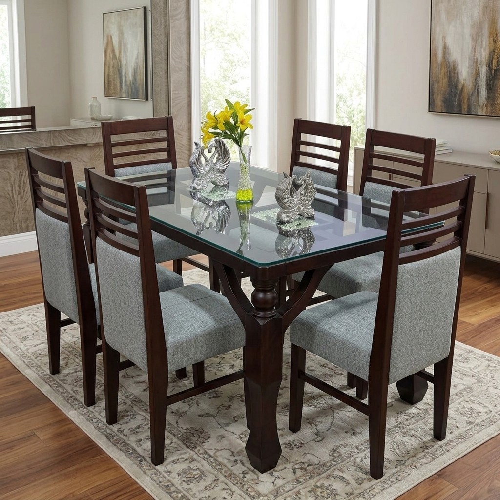 Juego de Comedor 6 Sillas Nogal con Tablero de Vidrio