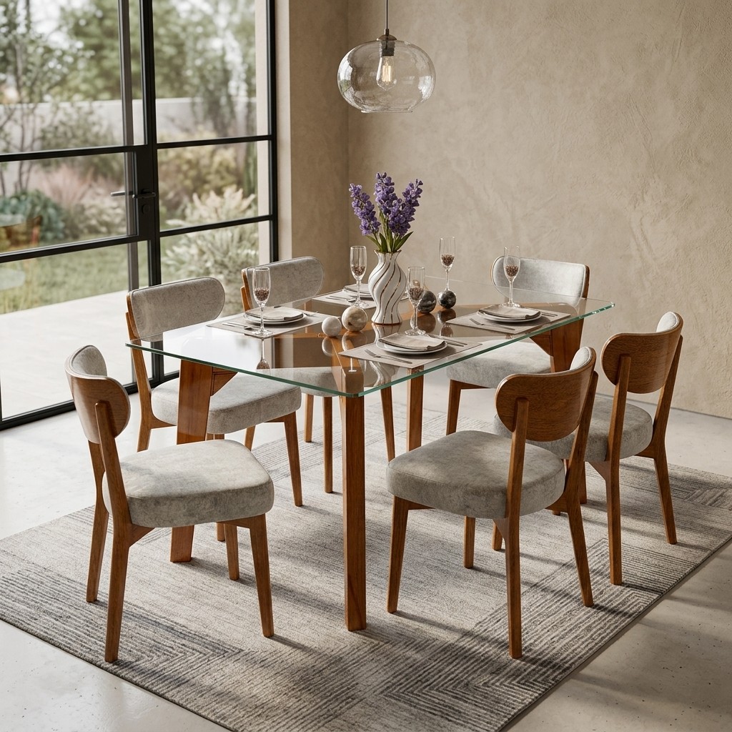 Juego de Comedor 6 Sillas con Mesa de Vidrio y Madera