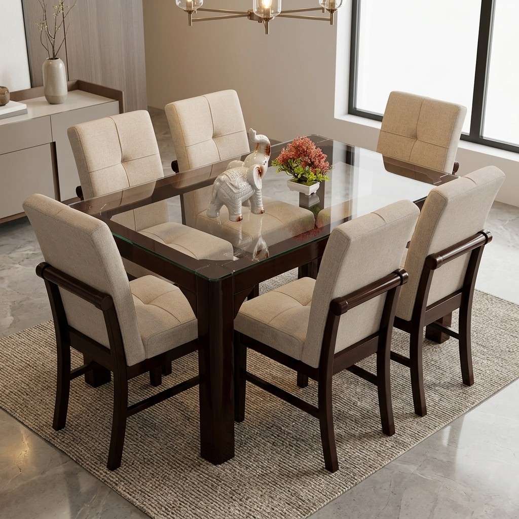 Juego de Comedor 6 Sillas Nogal con Tablero de Vidrio