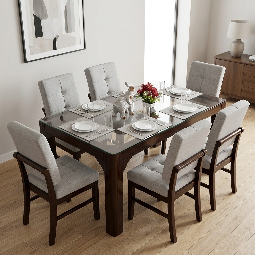 Juego de Comedor 6 Sillas Nogal con Tablero de Vidrio