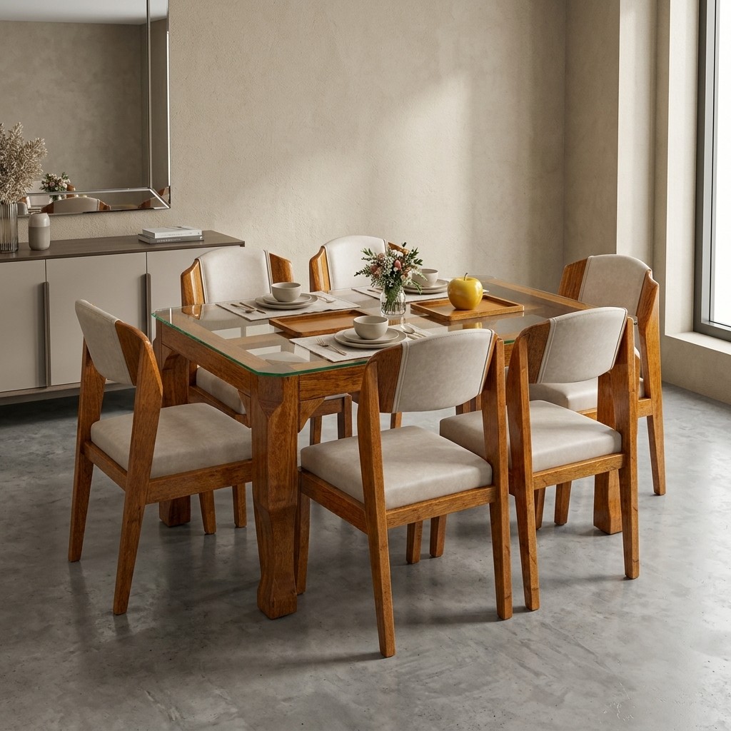Juego de Comedor 6 Sillas en Madera y Vidrio