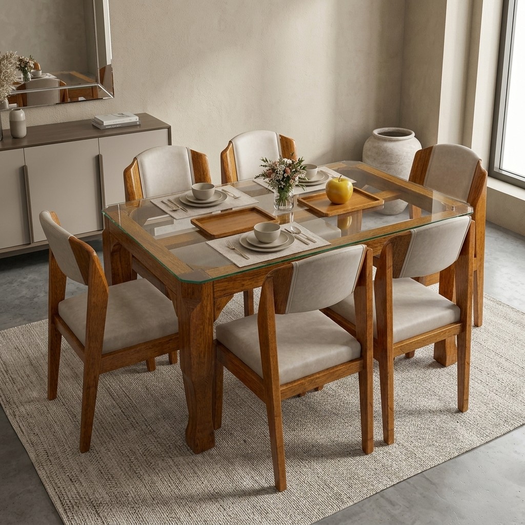 Juego de Comedor 6 Sillas en Madera y Vidrio