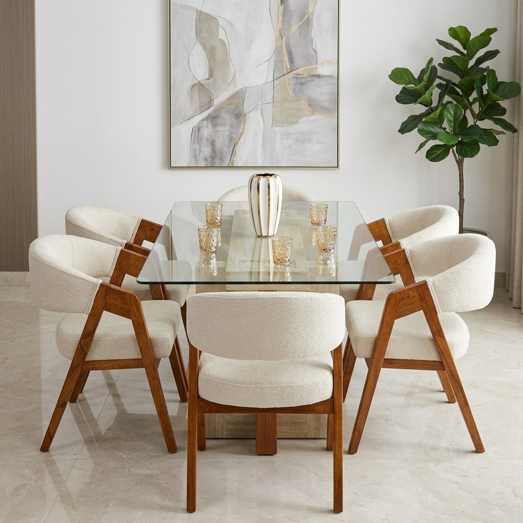 Juego de Comedor 6 Sillas con Base de Mármol y Vidrio