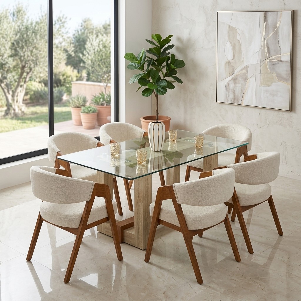 Juego de Comedor 6 Sillas con Base de Mármol y Vidrio