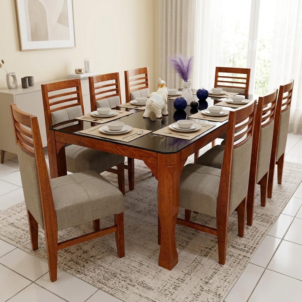 Juego de Comedor 8 Sillas de Madera y Tablero de Vidrio