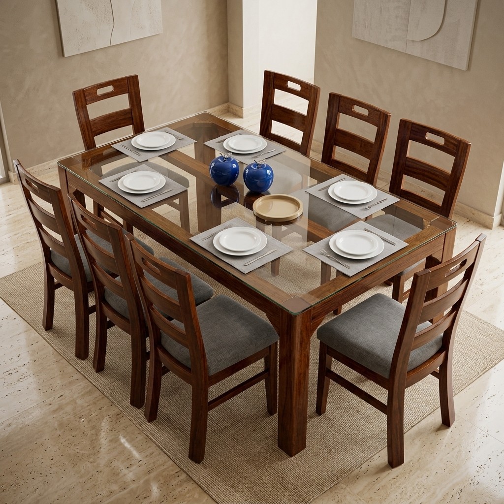 Juego de Comedor 8 Sillas de Madera y Vidrio Templado