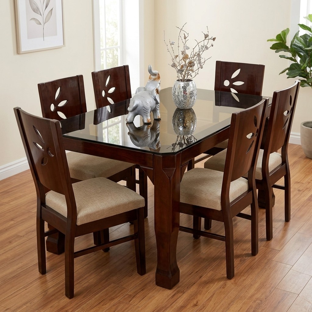 Juego de Comedor 6 Sillas Nogal con Tablero de Vidrio
