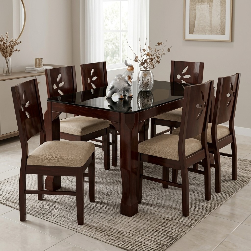 Juego de Comedor 6 Sillas Nogal con Tablero de Vidrio