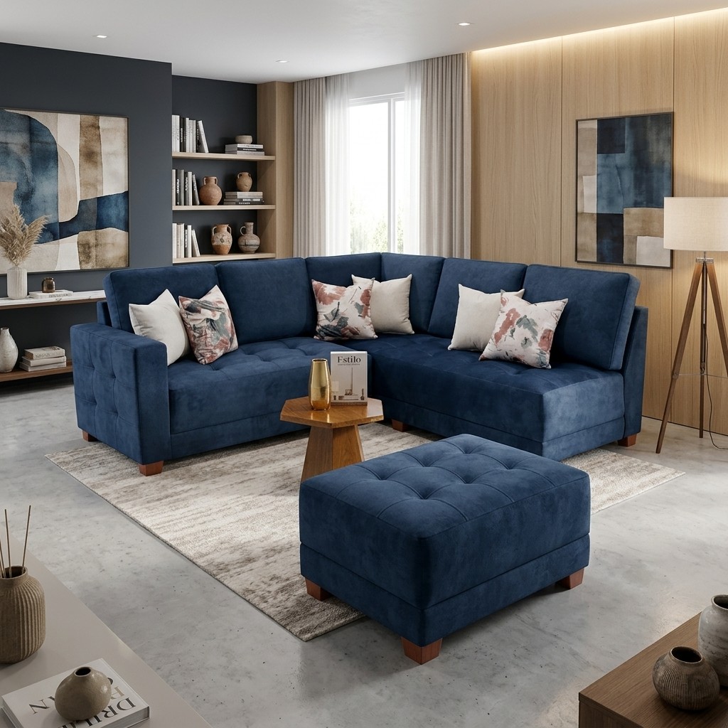 Juego de Sala Seccional Azul con Puff Baúl