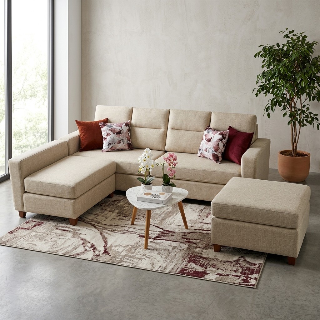 Juego de Sala Seccional con Otomano Baúl Beige