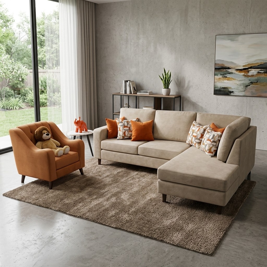 Juego de Sala Seccional Beige con Butaca Terracota