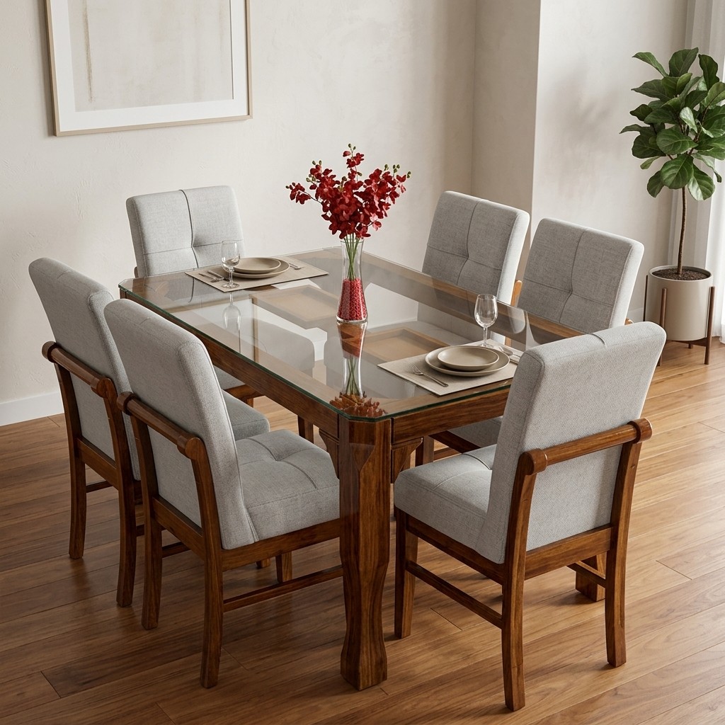 Juego de Comedor 6 Sillas en Madera y Vidrio Templado