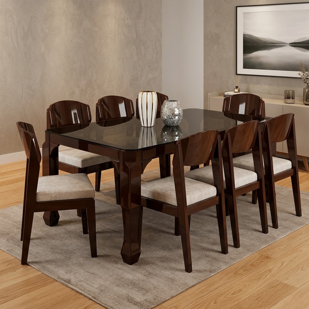 Juego de Comedor 8 Sillas Nogal con Tablero de Vidrio