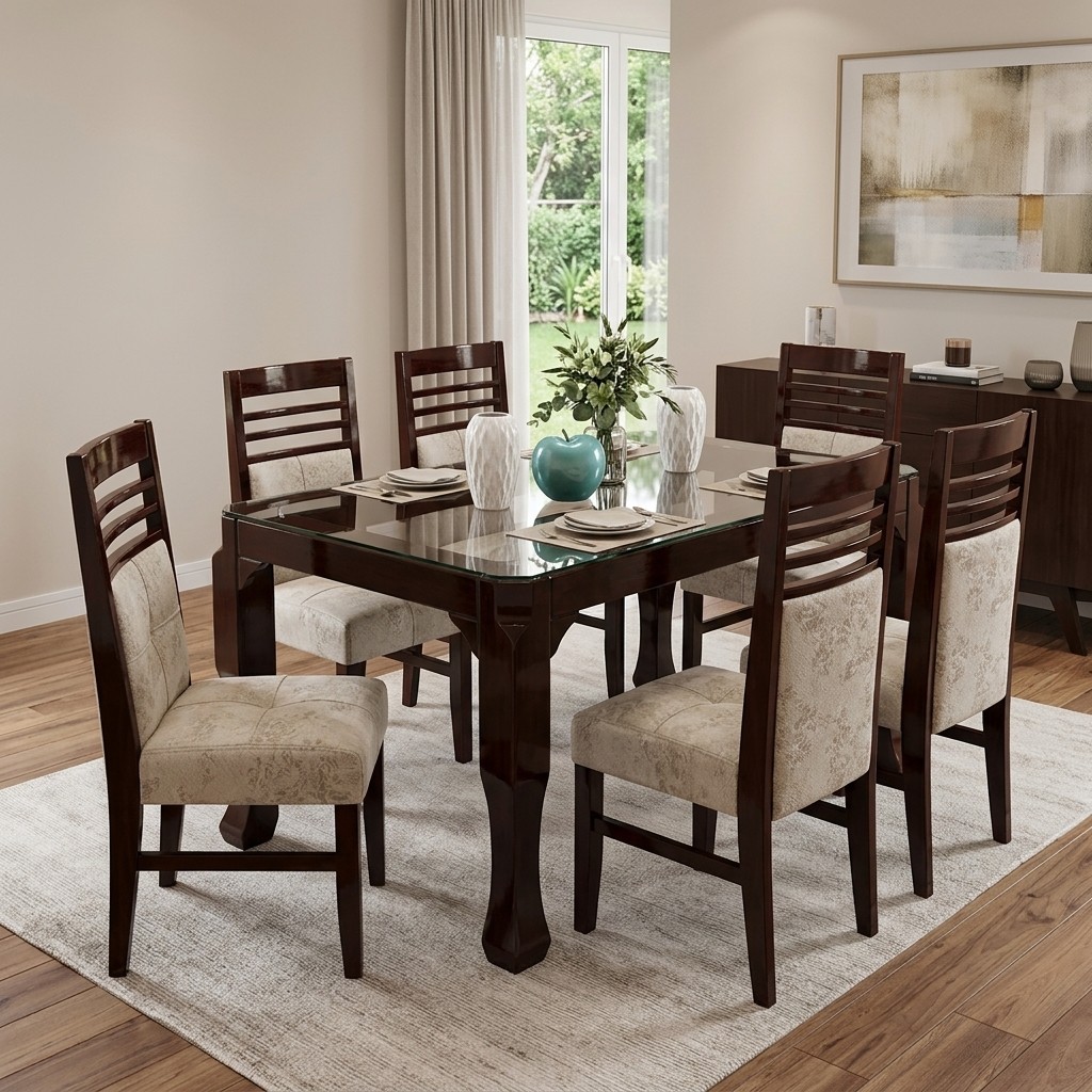 Juego de Comedor 6 Sillas Nogal con Tablero de Vidrio
