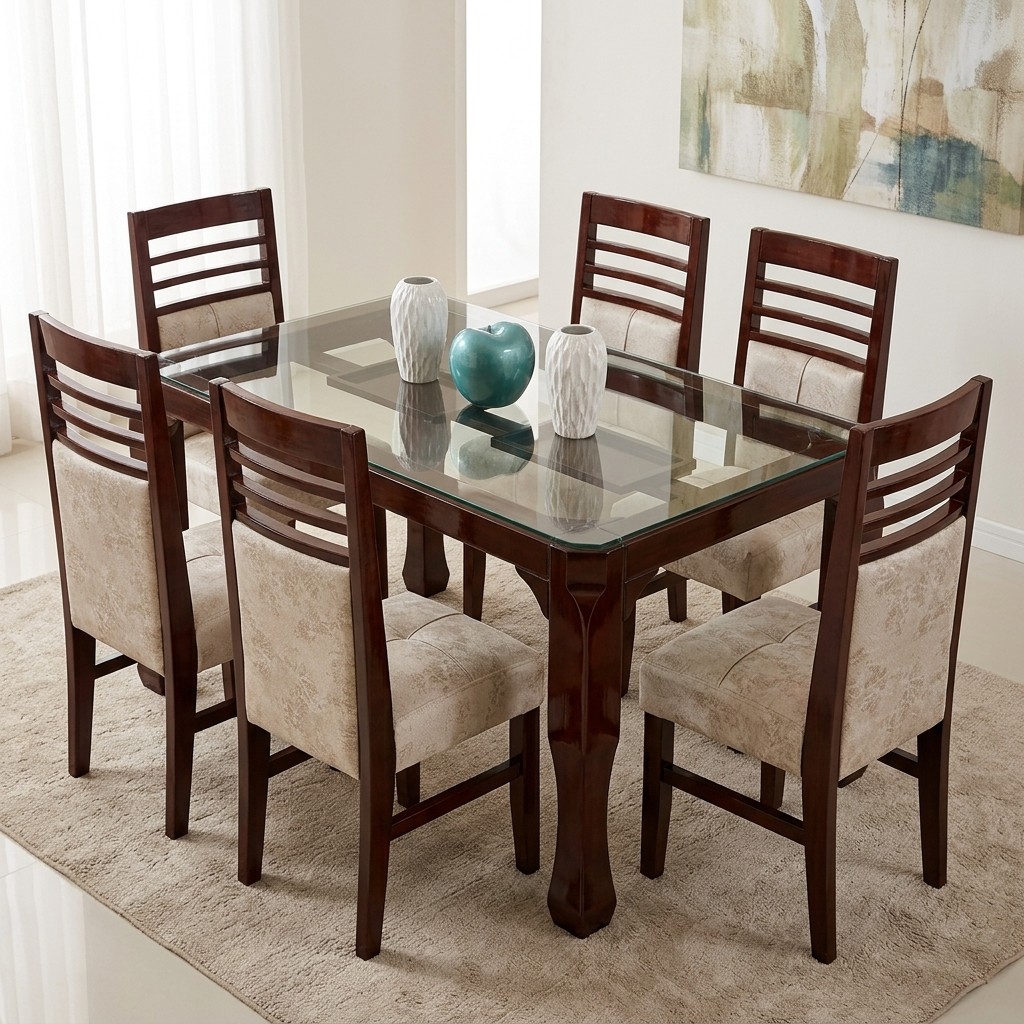 Juego de Comedor 6 Sillas Nogal con Tablero de Vidrio